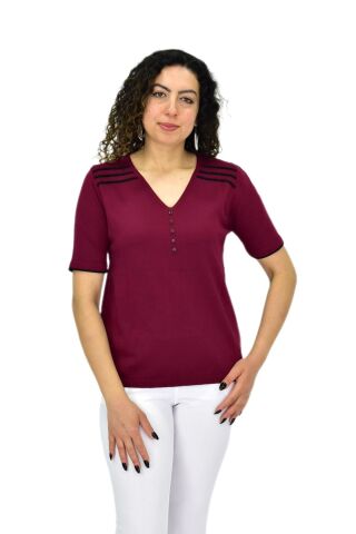 Kadın Yarım Kol V Yaka Taşlı Triko Tişöt 12857 BGL-ST04656
