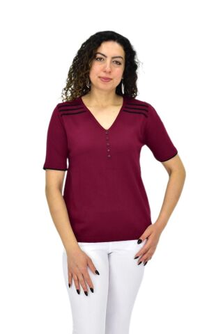 Kadın Yarım Kol V Yaka Taşlı Triko Tişöt 12857 BGL-ST04656