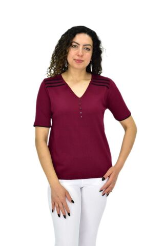 Kadın Yarım Kol V Yaka Taşlı Triko Tişöt 12857 BGL-ST04656