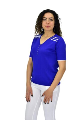 Kadın Yarım Kol V Yaka Taşlı Triko Tişöt 12857 BGL-ST04656 SAKS MAVİ - M/L