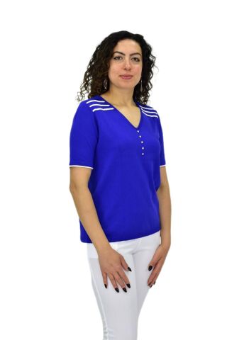 Kadın Yarım Kol V Yaka Taşlı Triko Tişöt 12857 BGL-ST04656 SAKS MAVİ - M/L