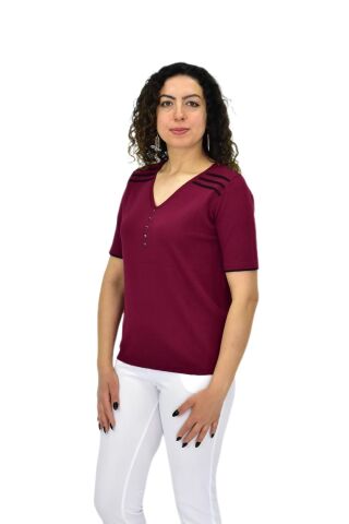 Kadın Yarım Kol V Yaka Taşlı Triko Tişöt 12857 BGL-ST04656 BORDO - M/L