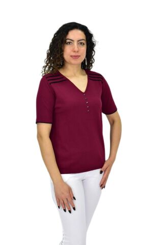 Kadın Yarım Kol V Yaka Taşlı Triko Tişöt 12857 BGL-ST04656 BORDO - M/L