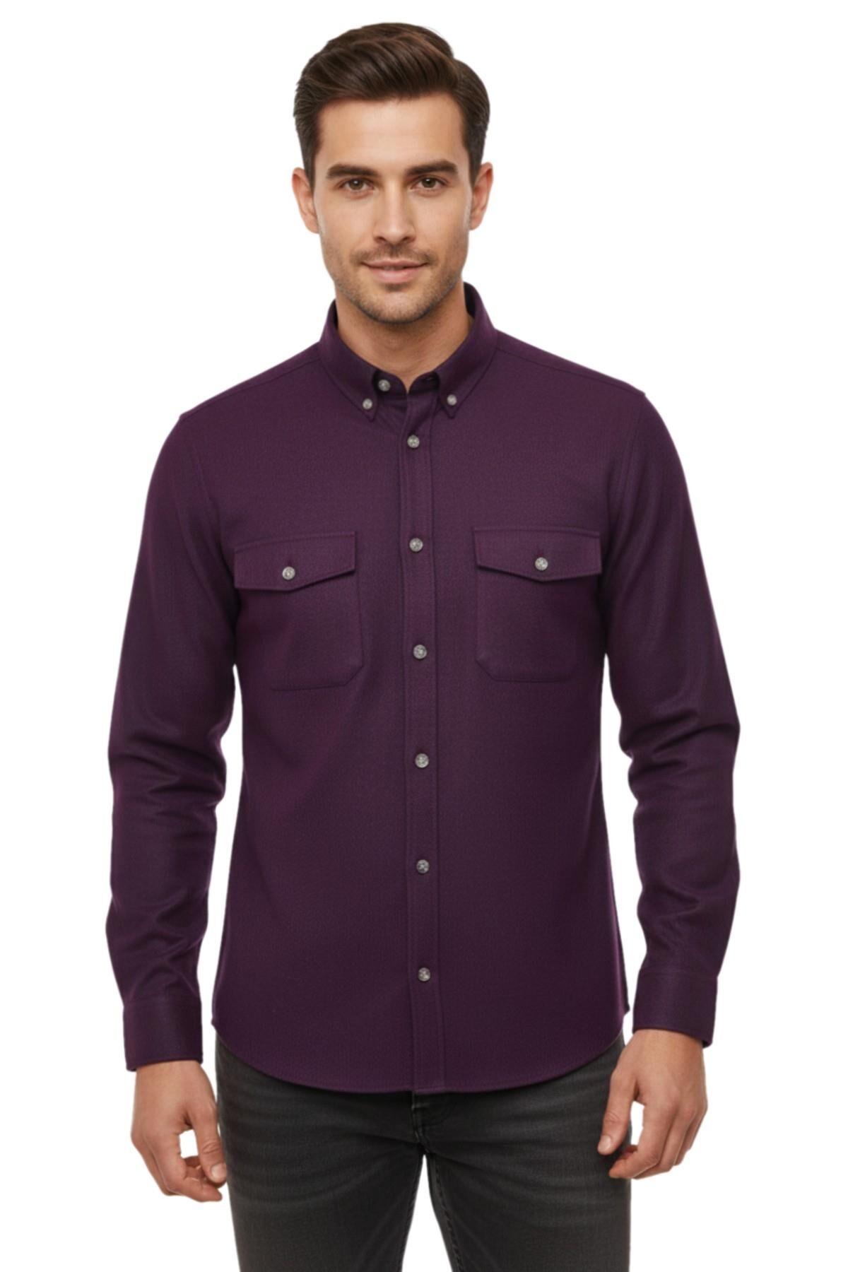 Erkek Kışlık Slim Fitt Uzun Kol Çift Cep Kapak Gömlek 2414 BGL-ST04797 BORDO - L