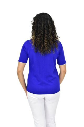 Kadın Yarım Kol V Yaka Taşlı Triko Tişöt 12857 BGL-ST04656 SAKS MAVİ - M/L