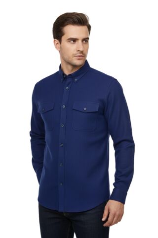 Erkek Kışlık Slim Fitt Uzun Kol Çift Cep Kapak Gömlek 2414 BGL-ST04797 LACİVERT - L