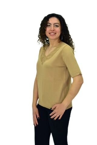 Kadın Yarım Kol V Yaka Yaka Sırt Detaylı Triko Tişöt 12835 BGL-ST04657