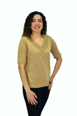 Kadın Yarım Kol V Yaka Yaka Sırt Detaylı Triko Tişöt 12835 BGL-ST04657