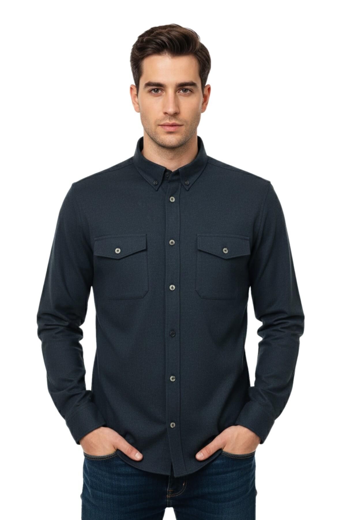 Erkek Kışlık Slim Fitt Uzun Kol Çift Cep Kapak Gömlek 2414 BGL-ST04797 YEŞİL - S