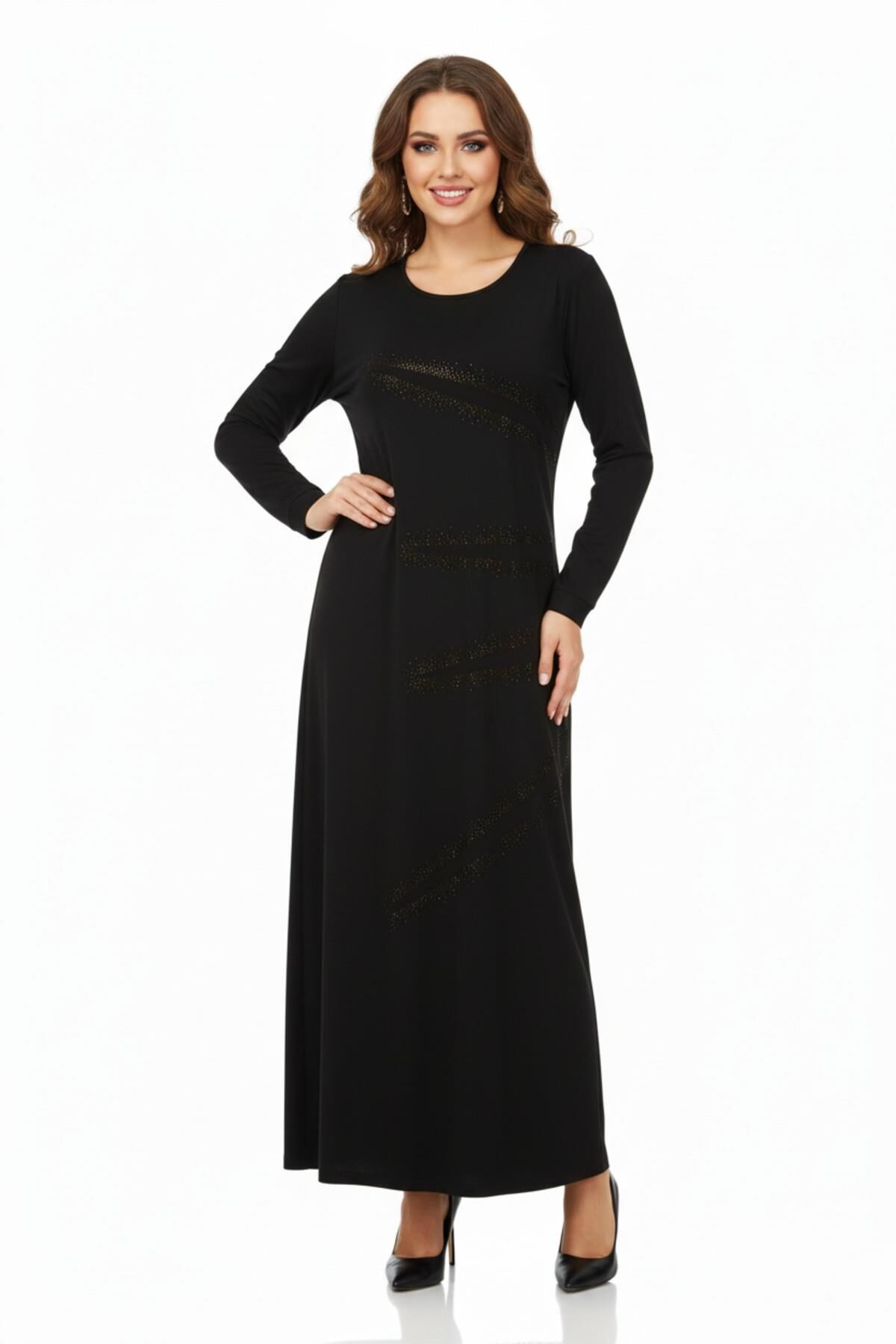 Kadın Uzun Kol Taşlı Sandy Elbise BGL-ST04663 SİYAH - 2XL