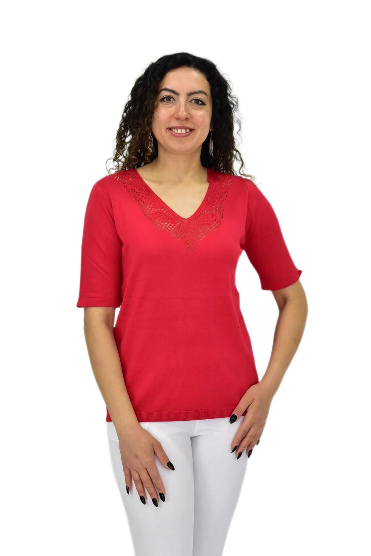 Kadın Yarım Kol V Yaka Yaka Sırt Detaylı Triko Tişöt 12835 BGL-ST04657 KIRMIZI - M/L