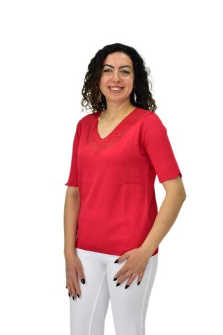 Kadın Yarım Kol V Yaka Yaka Sırt Detaylı Triko Tişöt 12835 BGL-ST04657 KIRMIZI - M/L