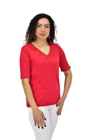 Kadın Yarım Kol V Yaka Yaka Sırt Detaylı Triko Tişöt 12835 BGL-ST04657 KIRMIZI - M/L