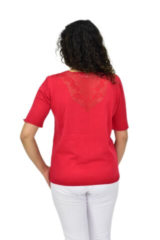 Kadın Yarım Kol V Yaka Yaka Sırt Detaylı Triko Tişöt 12835 BGL-ST04657 KIRMIZI - M/L