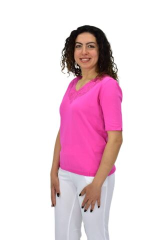 Kadın Yarım Kol V Yaka Yaka Sırt Detaylı Triko Tişöt 12835 BGL-ST04657 PEMBE - M/L