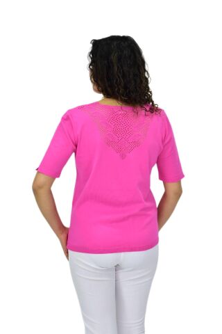 Kadın Yarım Kol V Yaka Yaka Sırt Detaylı Triko Tişöt 12835 BGL-ST04657 PEMBE - M/L