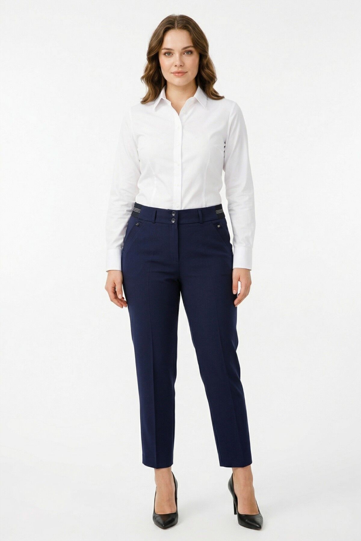 Kadın Kumaş Bilek Pantolon Bel Yarım Lastikli BGL-ST05388 LACİVERT - 50