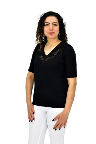 Kadın Yarım Kol V Yaka Yaka Sırt Detaylı Triko Tişöt 12835 BGL-ST04657 SİYAH - M/L