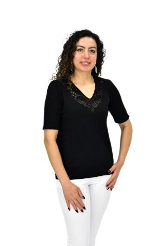 Kadın Yarım Kol V Yaka Yaka Sırt Detaylı Triko Tişöt 12835 BGL-ST04657 SİYAH - M/L