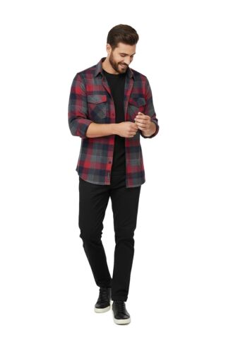 Erkek Kışlık Slim Fitt Uzun Kol Çift Cep Kapak Gömlek 2417 BGL-ST04798 KIRMIZI - S