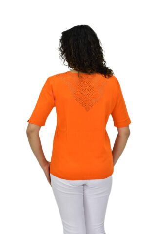 Kadın Yarım Kol V Yaka Yaka Sırt Detaylı Triko Tişöt 12835 BGL-ST04657 TURUNCU - M/L
