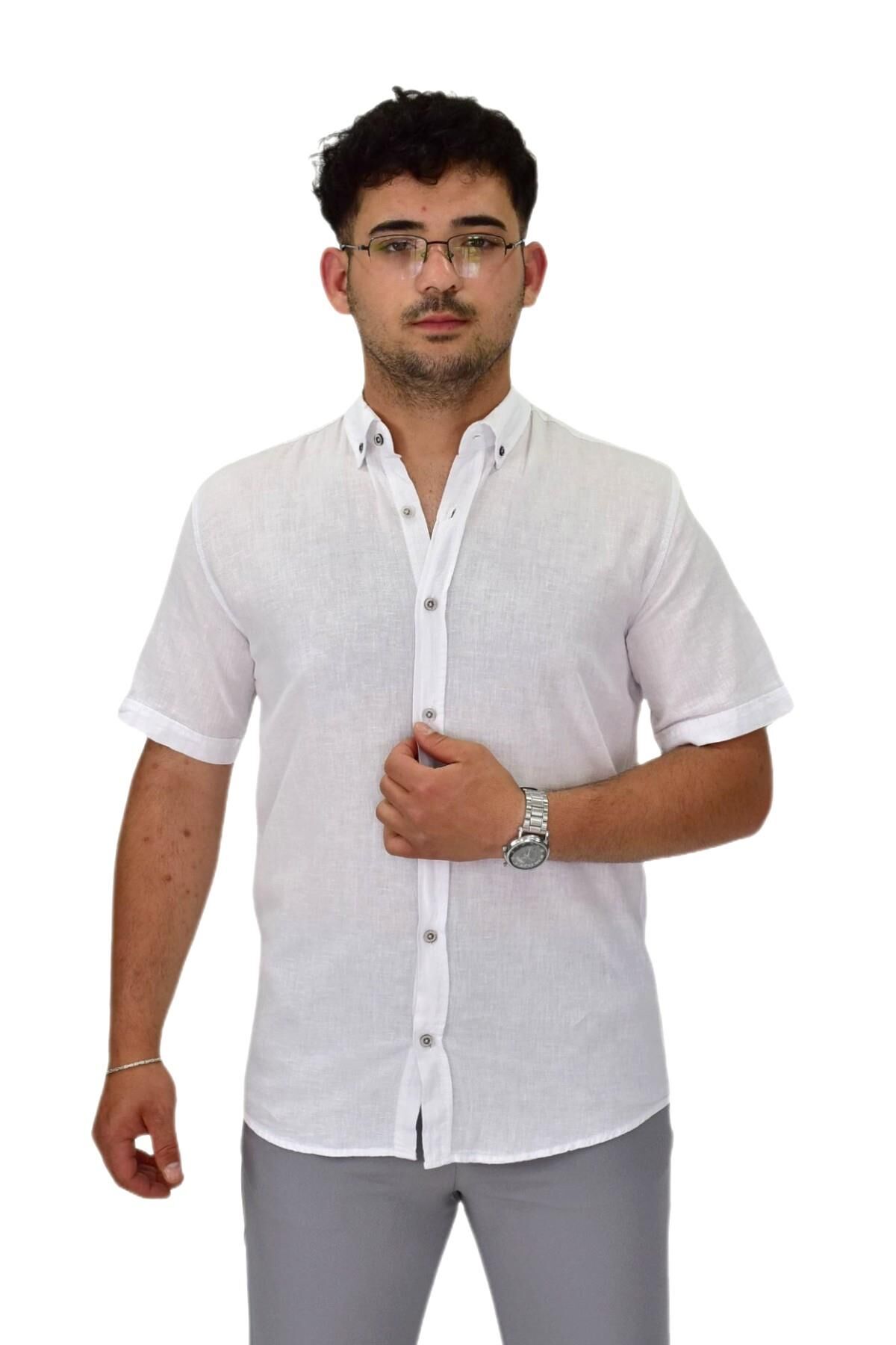 Erkek Pamuklu Yazlık Kısa Kol Gömlek 9664 BGL-ST04595 BEYAZ - 5XL