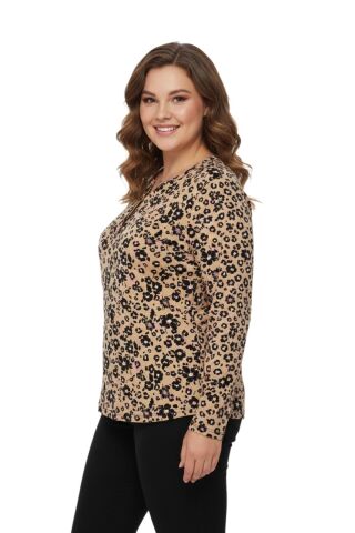 Kadın V Yaka Baskılı 2 Düğmeli Bluz BGL-ST05093 CAMEL - M