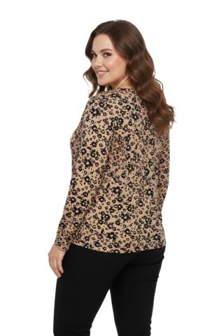 Kadın V Yaka Baskılı 2 Düğmeli Bluz BGL-ST05093 CAMEL - L