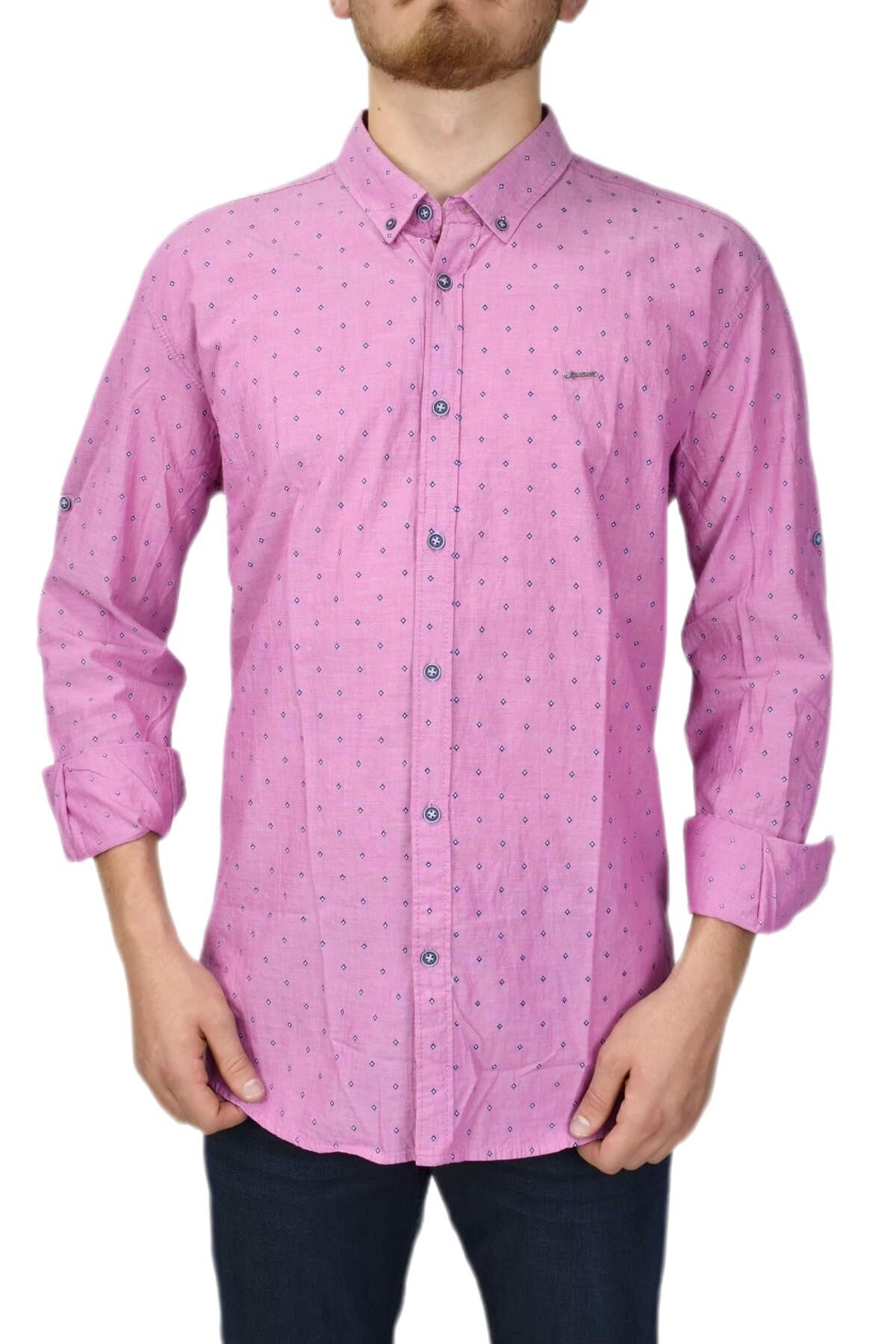 Erkek Puantiyeli Spor Gömlek DYM-9585 PEMBE - 4XL