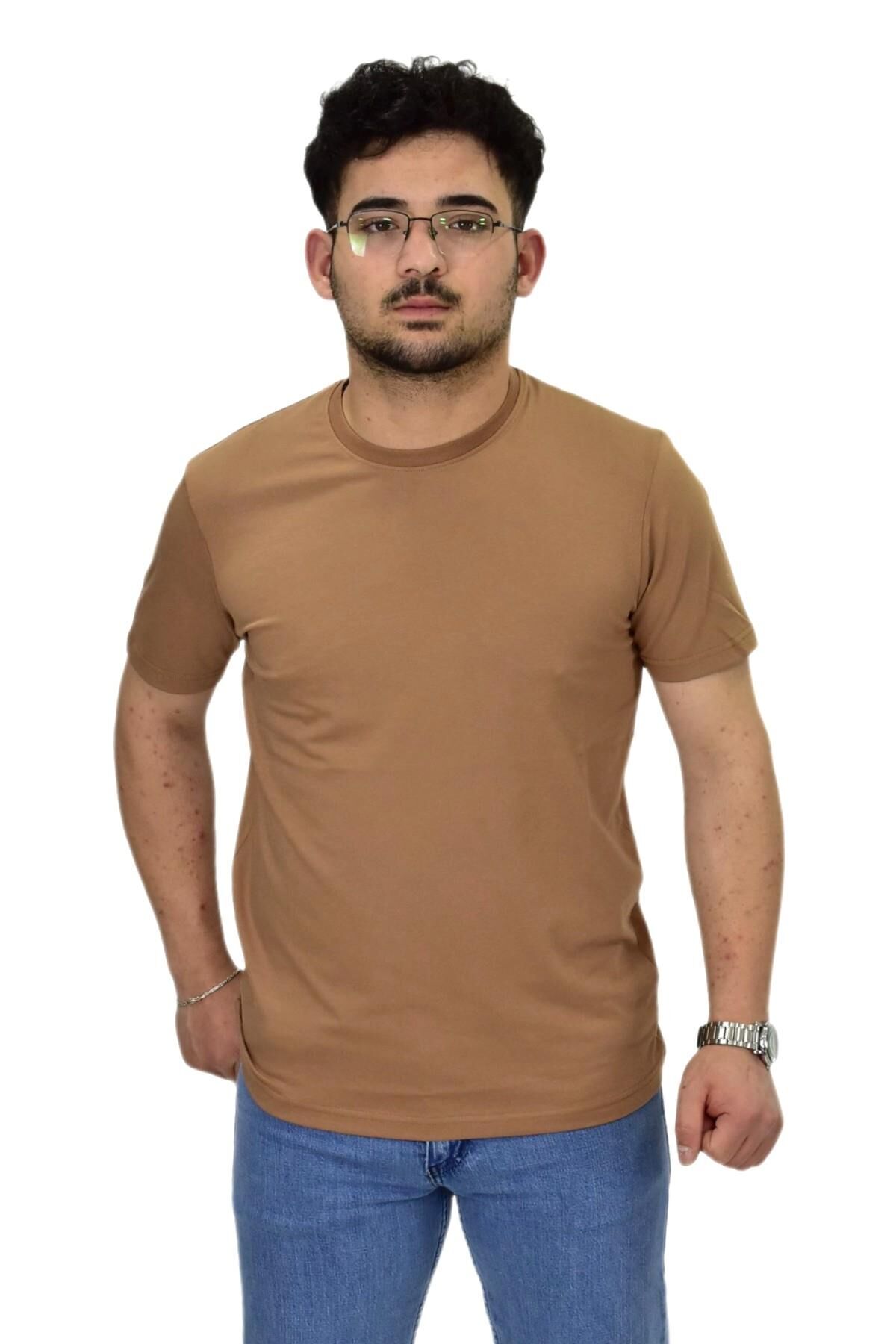 Erkek Büyük Beden Sıfıryaka Düz Likra Süprem Tişört 4385 BGL-ST04529 A.KAHVE - 5XL