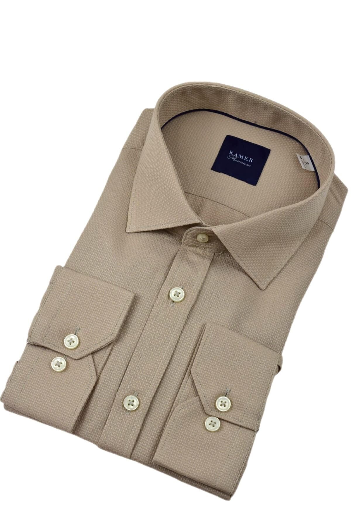 Erkek Klasik Petek Doku  Uzun Kol Gömlek 3718 BGL-ST04397 CAMEL - S