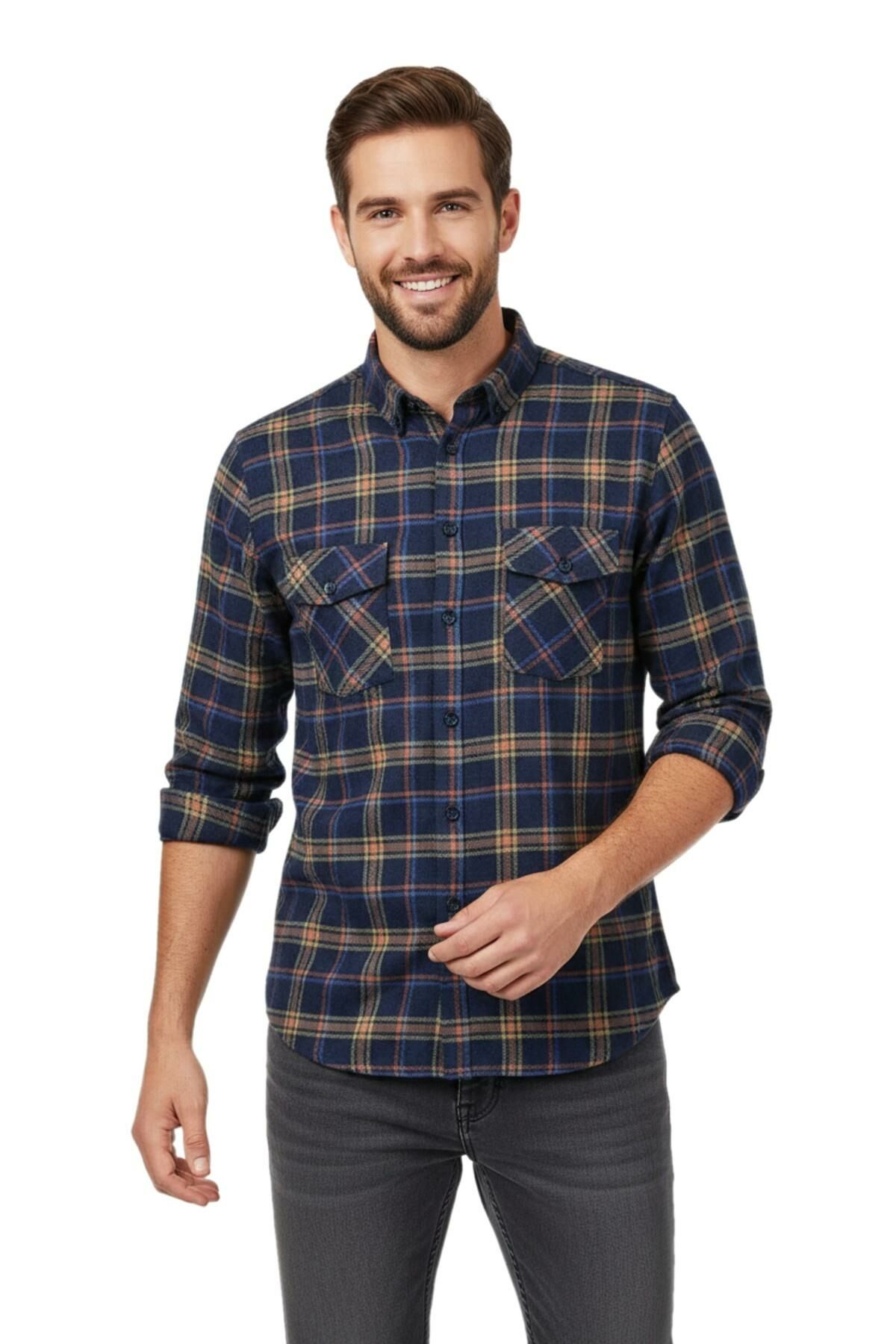 Erkek Kışlık Slim Fitt Uzun Kol Çift Cep Kapak Gömlek 2418 BGL-ST04799