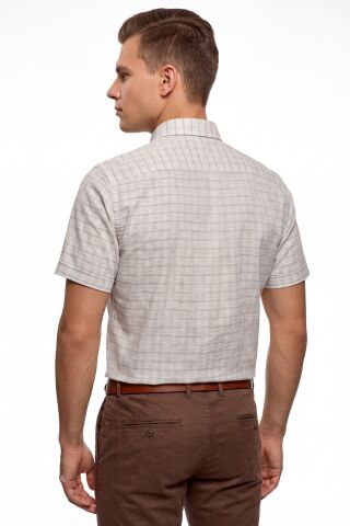 Erkek Klasik Çift Cepli Ekose Kısa Kol Gömlek BGL-ST05622 BEJ - XL