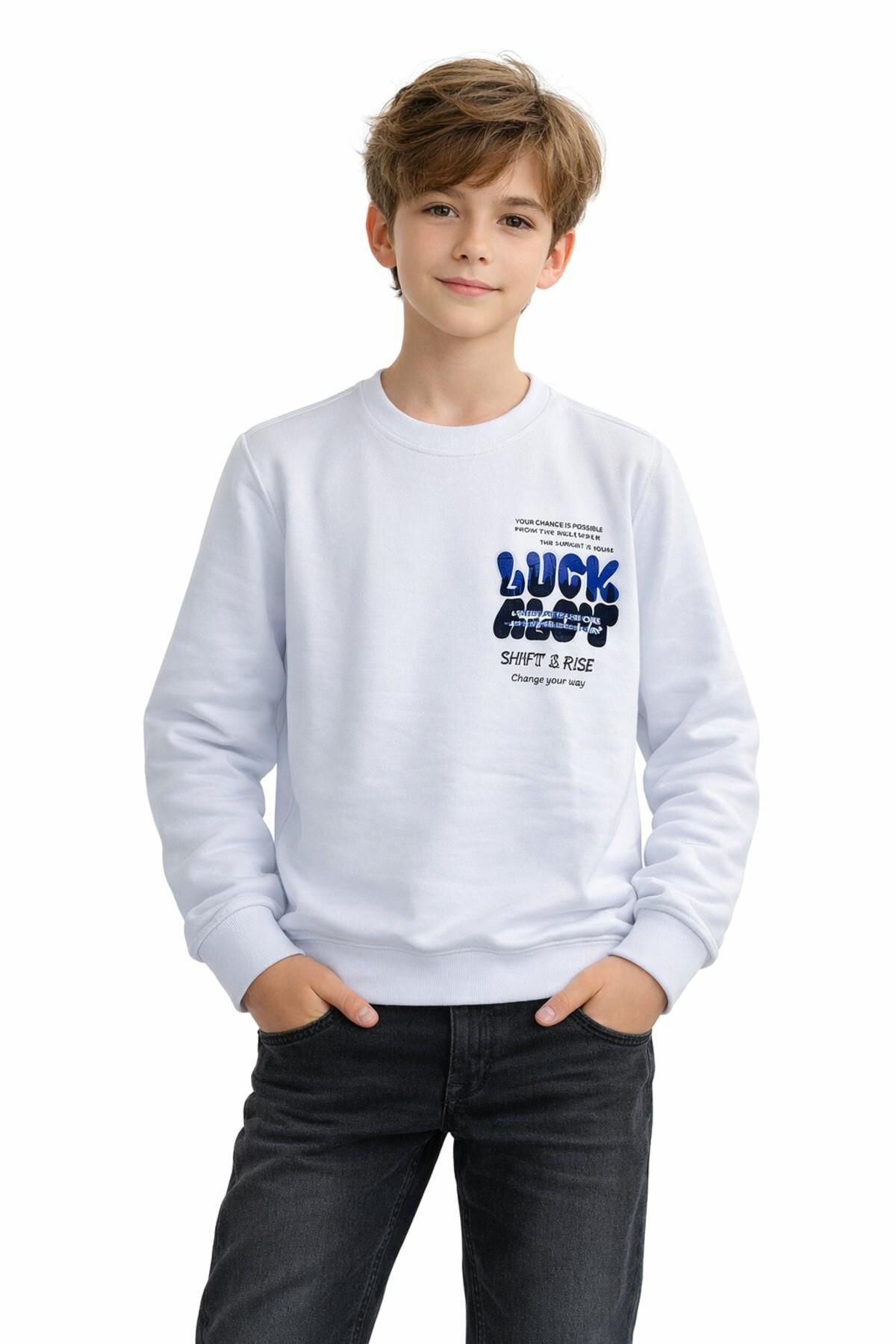 Erkek Çocuk Önü Arkası Baskılı Sweatshirt BGL-ST05237 BEYAZ - 15 YAŞ