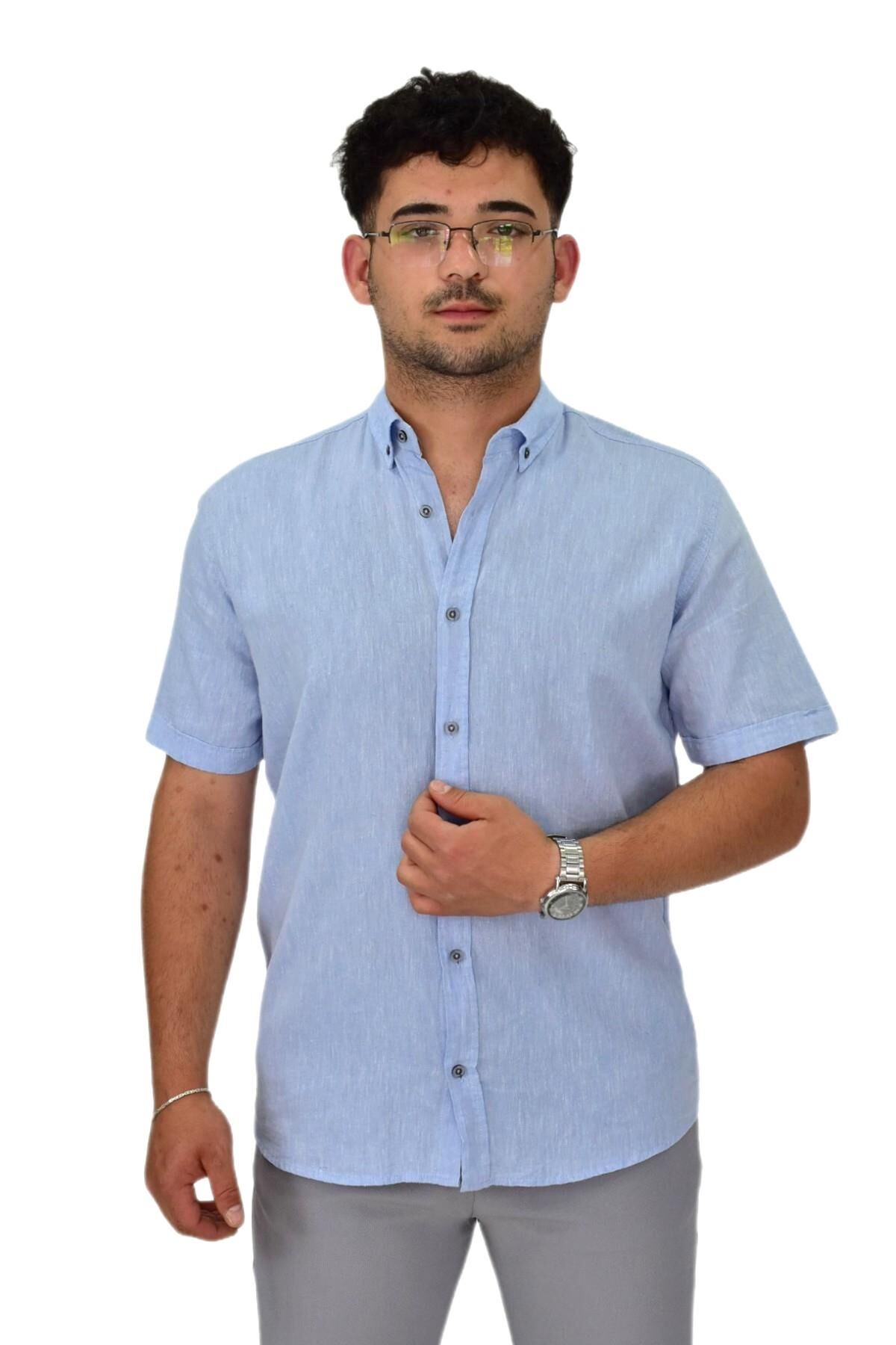 Erkek Pamuklu Yazlık Kısa Kol Gömlek 9664 BGL-ST04595 MAVİ - 4XL