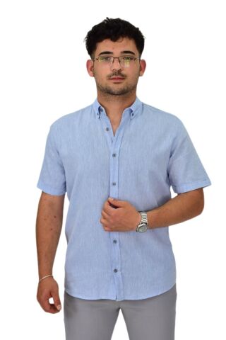 Erkek Pamuklu Yazlık Kısa Kol Gömlek 9664 BGL-ST04595 MAVİ - 4XL