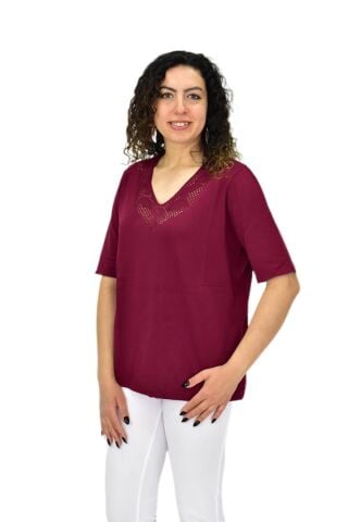 Kadın Yarım Kol V Yaka Yaka Sırt Detaylı Triko Tişöt 12837 BGL-ST04658 LACİVERT - L/XL