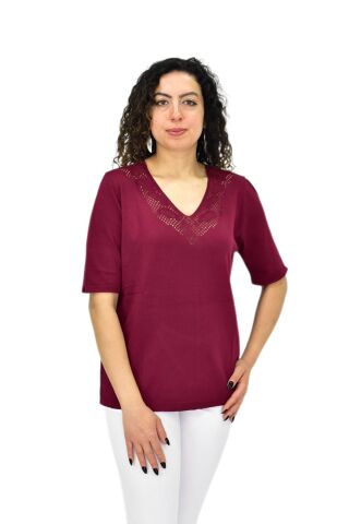 Kadın Yarım Kol V Yaka Yaka Sırt Detaylı Triko Tişöt 12837 BGL-ST04658 LACİVERT - L/XL