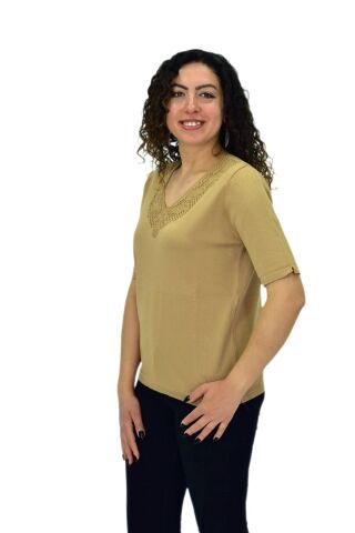 Kadın Yarım Kol V Yaka Yaka Sırt Detaylı Triko Tişöt 12837 BGL-ST04658