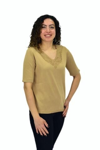 Kadın Yarım Kol V Yaka Yaka Sırt Detaylı Triko Tişöt 12837 BGL-ST04658 SİYAH - L/XL