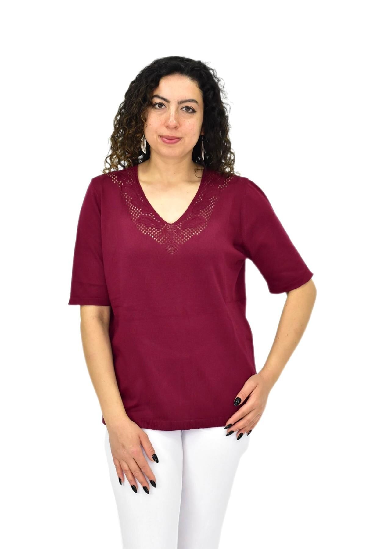 Kadın Yarım Kol V Yaka Yaka Sırt Detaylı Triko Tişöt 12837 BGL-ST04658 BORDO - L/XL