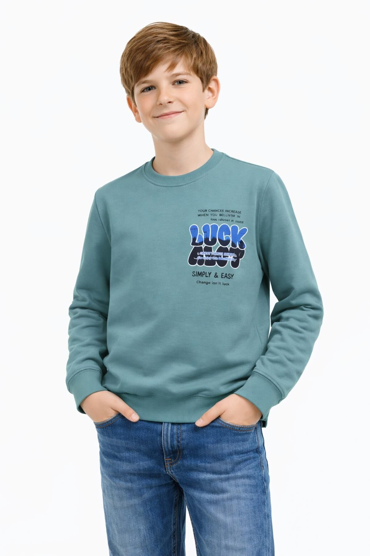 Erkek Çocuk Önü Arkası Baskılı Sweatshirt BGL-ST05237 ELMA - 16 YAŞ