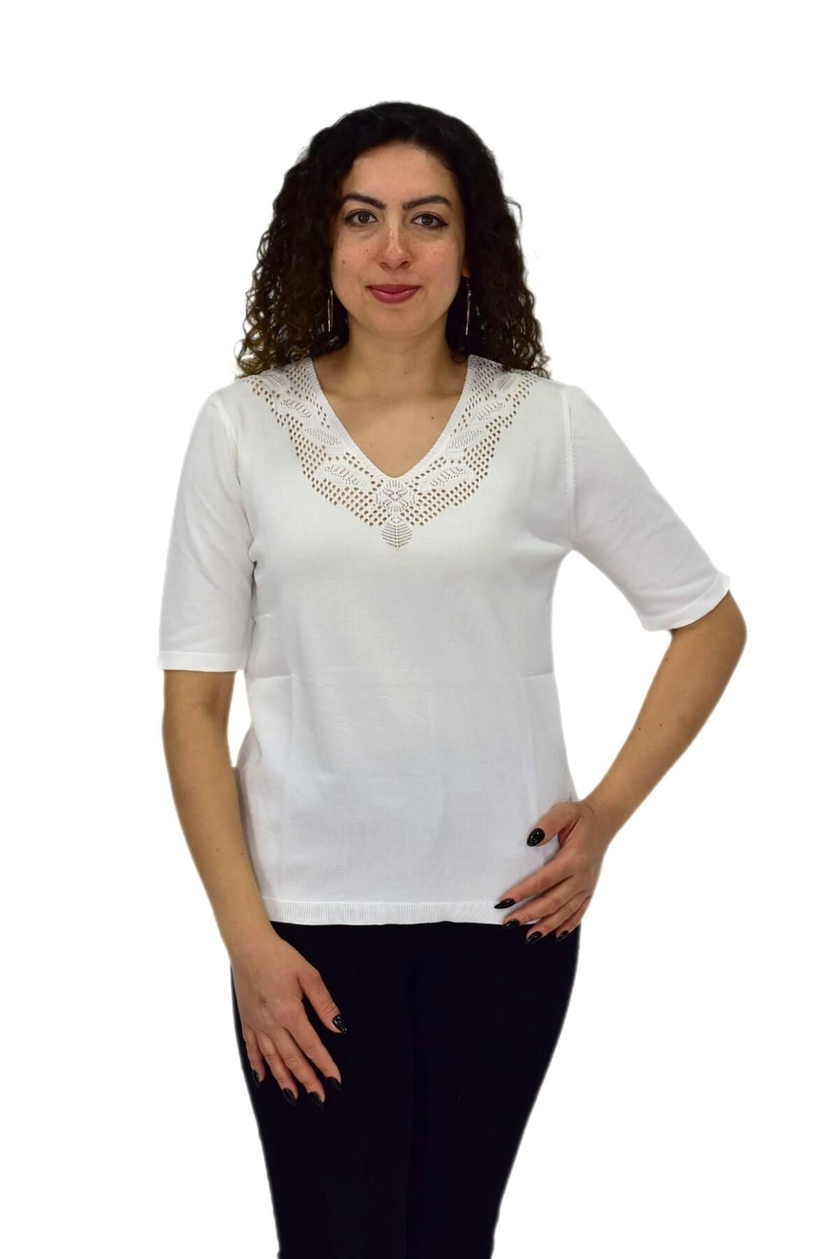 Kadın Yarım Kol V Yaka Yaka Sırt Detaylı Triko Tişöt 12837 BGL-ST04658 EKRU - L/XL