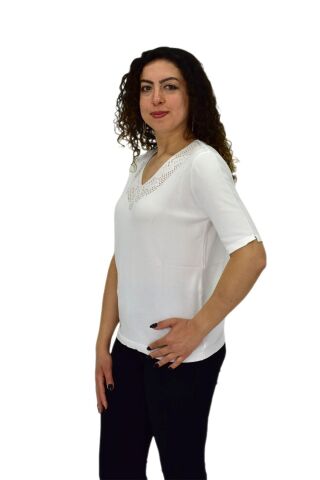 Kadın Yarım Kol V Yaka Yaka Sırt Detaylı Triko Tişöt 12837 BGL-ST04658 EKRU - L/XL