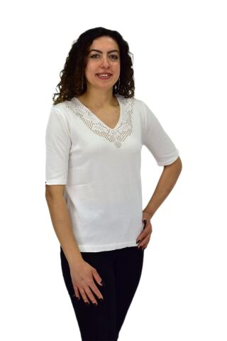 Kadın Yarım Kol V Yaka Yaka Sırt Detaylı Triko Tişöt 12837 BGL-ST04658 EKRU - L/XL