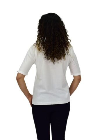 Kadın Yarım Kol V Yaka Yaka Sırt Detaylı Triko Tişöt 12837 BGL-ST04658 EKRU - L/XL
