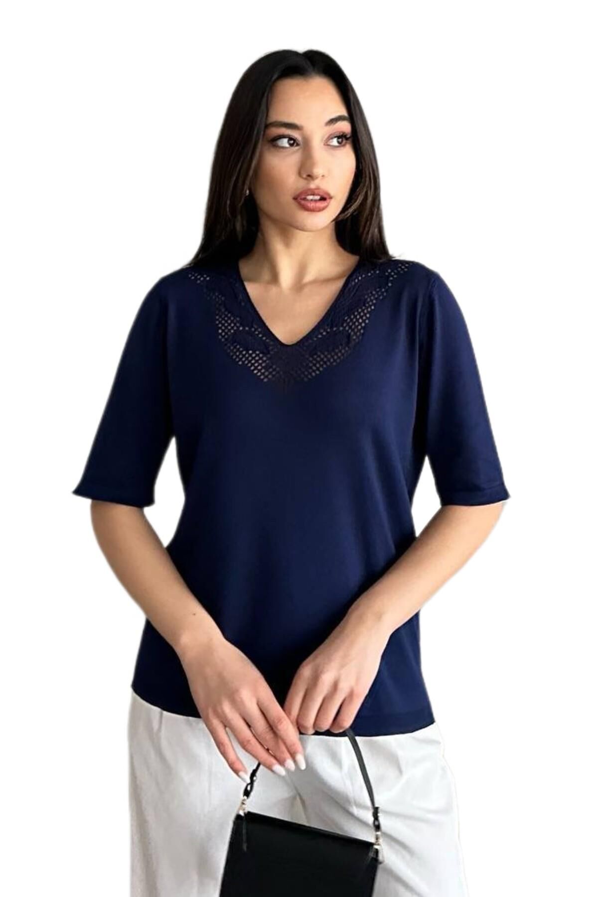 Kadın Yarım Kol V Yaka Yaka Sırt Detaylı Triko Tişöt 12837 BGL-ST04658 LACİVERT - L/XL