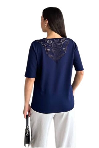 Kadın Yarım Kol V Yaka Yaka Sırt Detaylı Triko Tişöt 12837 BGL-ST04658 LACİVERT - L/XL