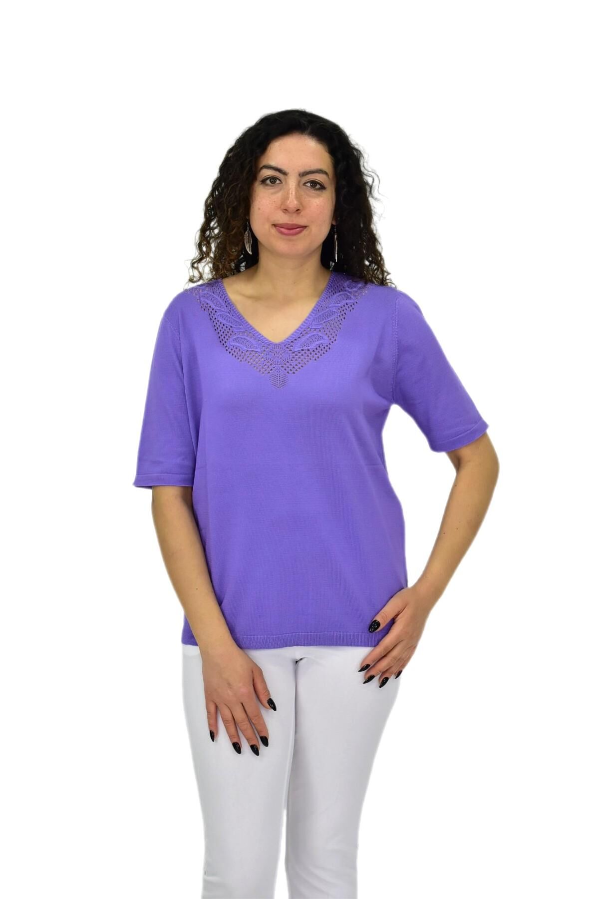Kadın Yarım Kol V Yaka Yaka Sırt Detaylı Triko Tişöt 12837 BGL-ST04658 LİLA - L/XL