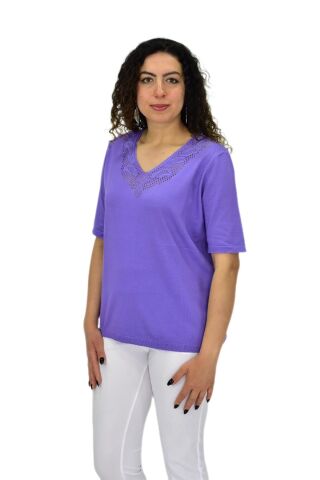 Kadın Yarım Kol V Yaka Yaka Sırt Detaylı Triko Tişöt 12837 BGL-ST04658 LİLA - L/XL